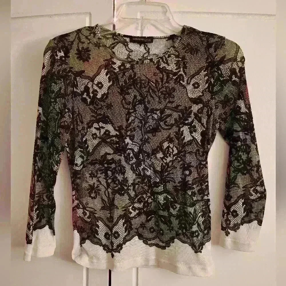 Kenneth Cole Black Lace Overlay Crop Top with White Trim